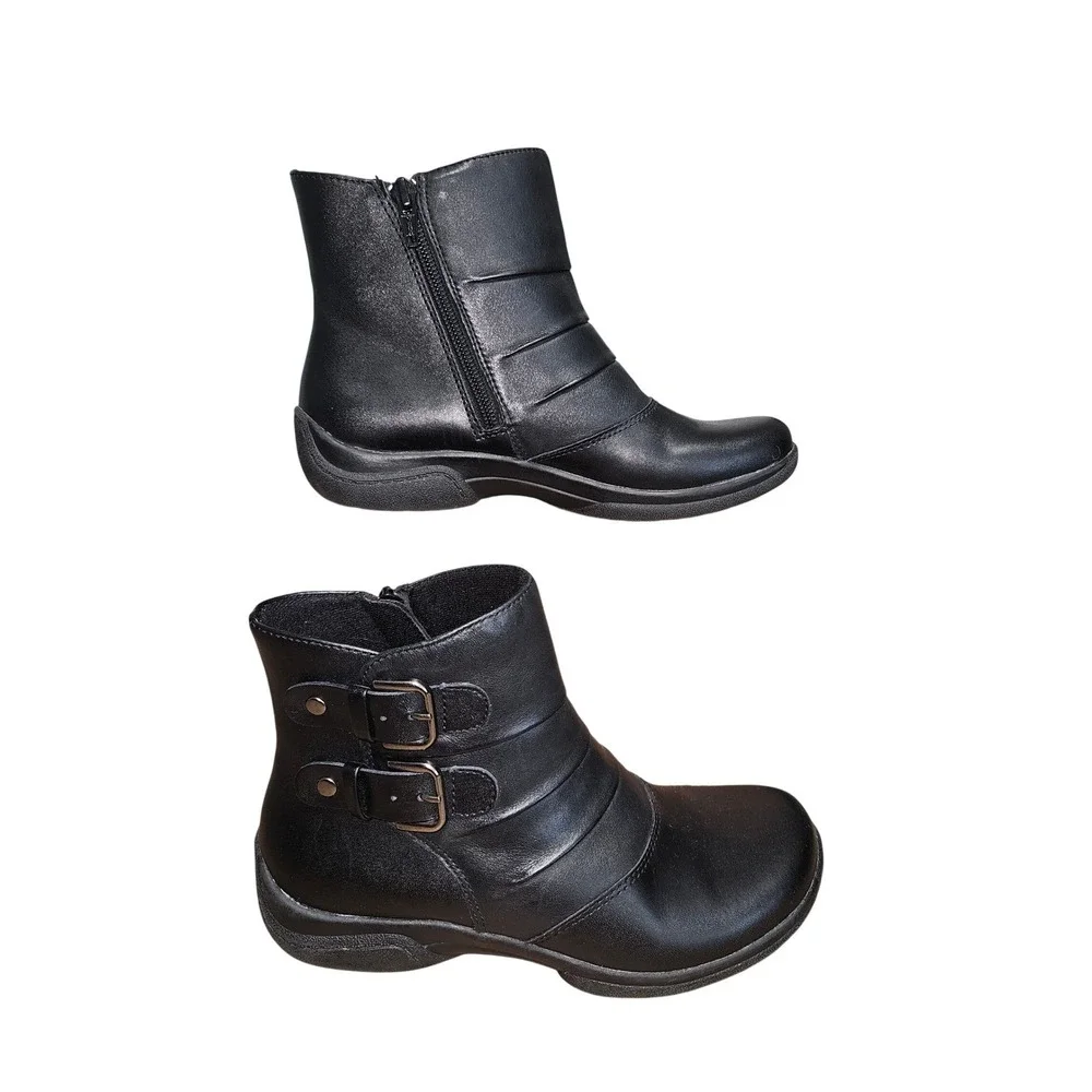 Earth Origins DeSoto‎ Black Leather Ankle Boots Buckle Zip Women's 6